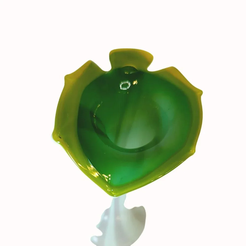 Vintage Jack-In-The-Pulpit Hand-Blown Art Glass Vase With Green Rim & Swirled De